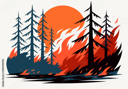 фотографія Flat vector illustration of a forest wildfire at dusk  dark teal pine trees stan