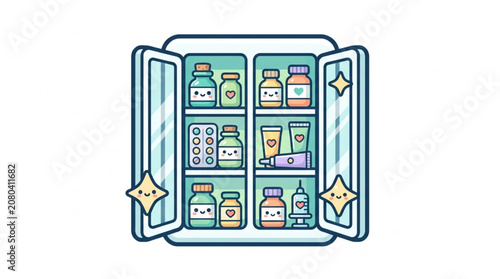 Open Medicine Cabinet Filled With Various Medications And Health Products.
