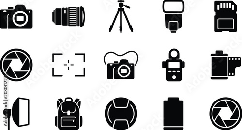 Cuadro en lienzo Photography equipment icons set cameras lenses tripods and accessories