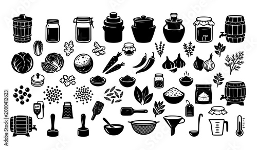 Tableau sur toile Fermented Food and Pickling Solid Silhouette Vector Icon Pack Featuring Glass Ma