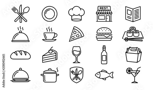 Restaurant and Cafe Line Vector Icon Set Featuring Cutlery Chef Hat Pizza Burger Wine Coffee and Catering Elements for Food Service Graphic Designs