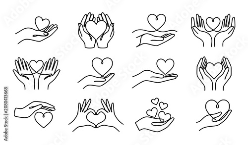 Continuous line hands holding heart icon set love care charity volunteer vector eps10