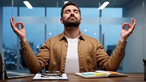 Calm businessman meditating at office desk, finding peace and balance during work, practicing mindfulness and stress relief techniques.