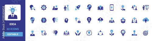 Obraz na plátně Idea icon set featuring creative brainstorming, innovative solutions, scientific research, logical reasoning and mental breakthrough glyph symbols for startup concepts