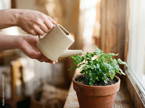 Close up of anonymous hands watering a houseplant in a cozy apartment in the morning light