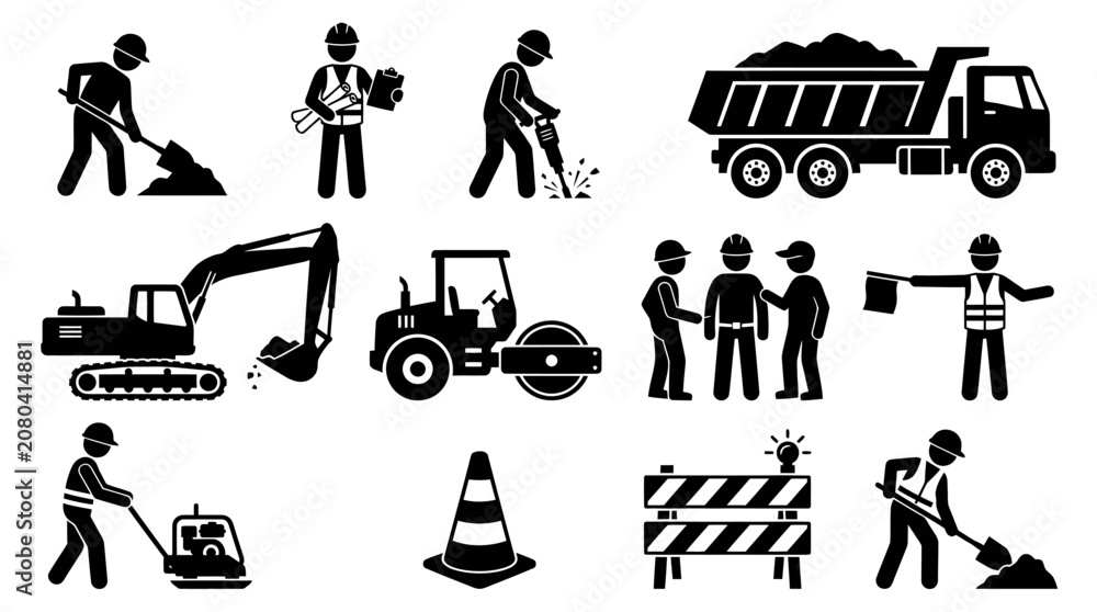 Fototapeta premium Industrial building site equipment and labor silhouette icon set.