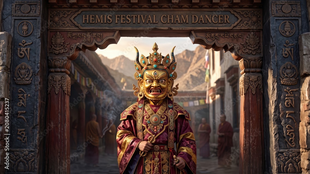 Obraz premium Hemis Festival Cham Dancer Beneath Ancient Monastery Archway
