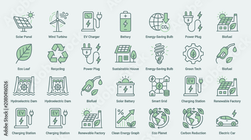 Bild auf Leinwand Green renewable energy and ecology icon set.