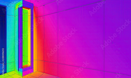 Hyperspectral imaging technology showing a medical clinic interior with thermal visualization and spectrum analysis