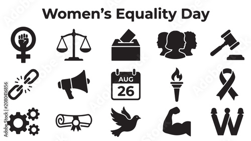 Women's Equality Day icons, feminist symbols, equality vector set, social justice graphics