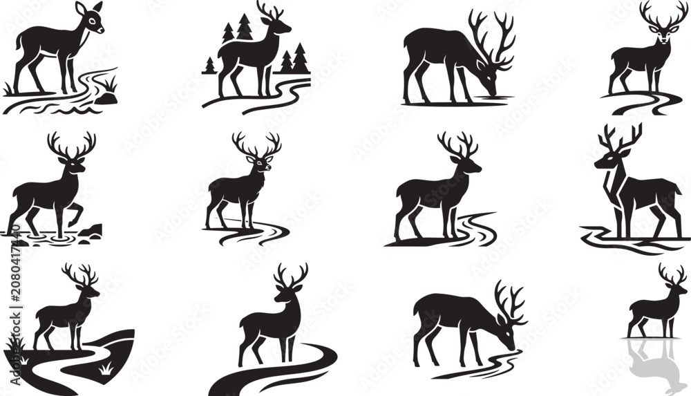 Fototapeta premium Black silhouette deer icons with different poses and scenery