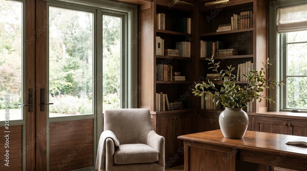 Fototapeta premium Home or library office with custom wooden bookshelves, serene outdoor views