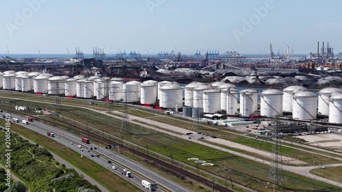 Oil storage terminals at the Mississippi Port, Maasvlakte Rotterdam Netherlands from the air