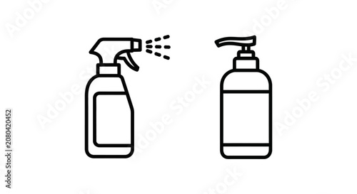 Disinfection spray and hand sanitizer icons with disinfection sanitizer cleaning sanitation protection prevention bacteria chemical dispenser minimalist isolated coronavirus