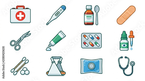 Medical Supplies and Equipment Icons Set.