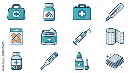Medical Supplies and Equipment Icons Set.