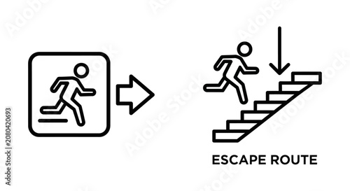 Emergency exit running person and staircase escape route symbols with emergency evacuation instruction stairway direction monochrome clearance protection security movement downward