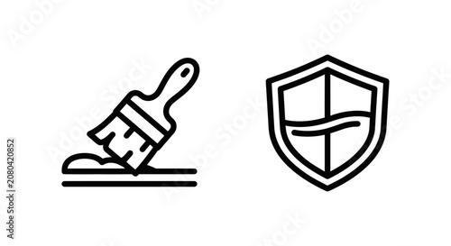 Varnish application and protective coating shield line icons with protective woodwork renovation maintenance security application construction remodeling restoration furniture