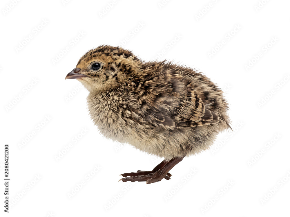Obraz premium Speckled Brown Quail Chick Profile Isolated on Black Background for Poultry Farming and Aviculture Educational Projects