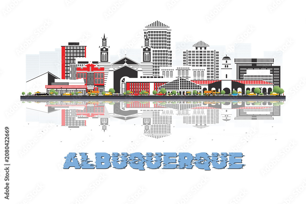 Obraz premium Albuquerque, New Mexico, USA skyline illustration with historic architecture modern buildings and reflection on white background.