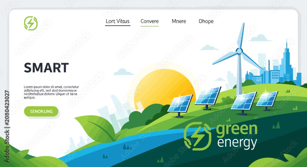 Fototapeta premium Eco friendly energy, renewable power, solar panels, wind turbines, green technology