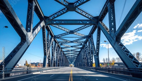 Massive Steel Truss Bridge Structure Under Clear Blue Sky.