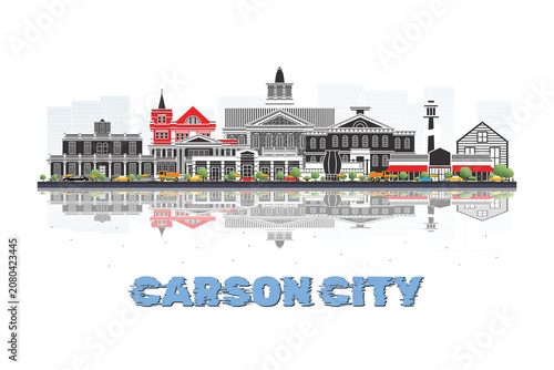Valokuva arson City, Nevada, USA skyline illustration with historic architecture modern buildings and reflection on white background