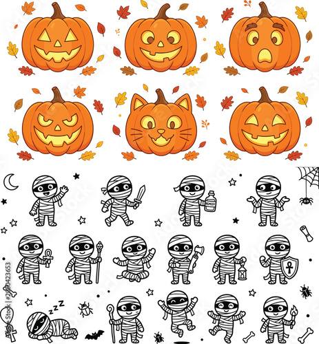 Halloween jack o' lanterns and mummy characters collection for seasonal decorations