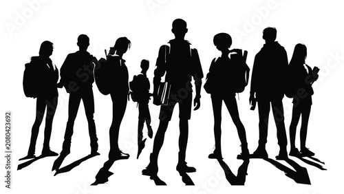 Silhouette of diverse people standing in line black and white for social gathering or event with varied poses and interactions