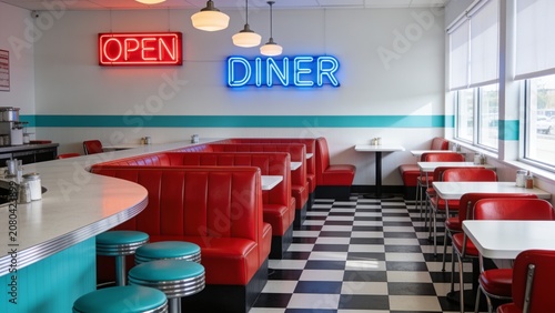 Interior view of classic American diner with red booths and checkered floor
