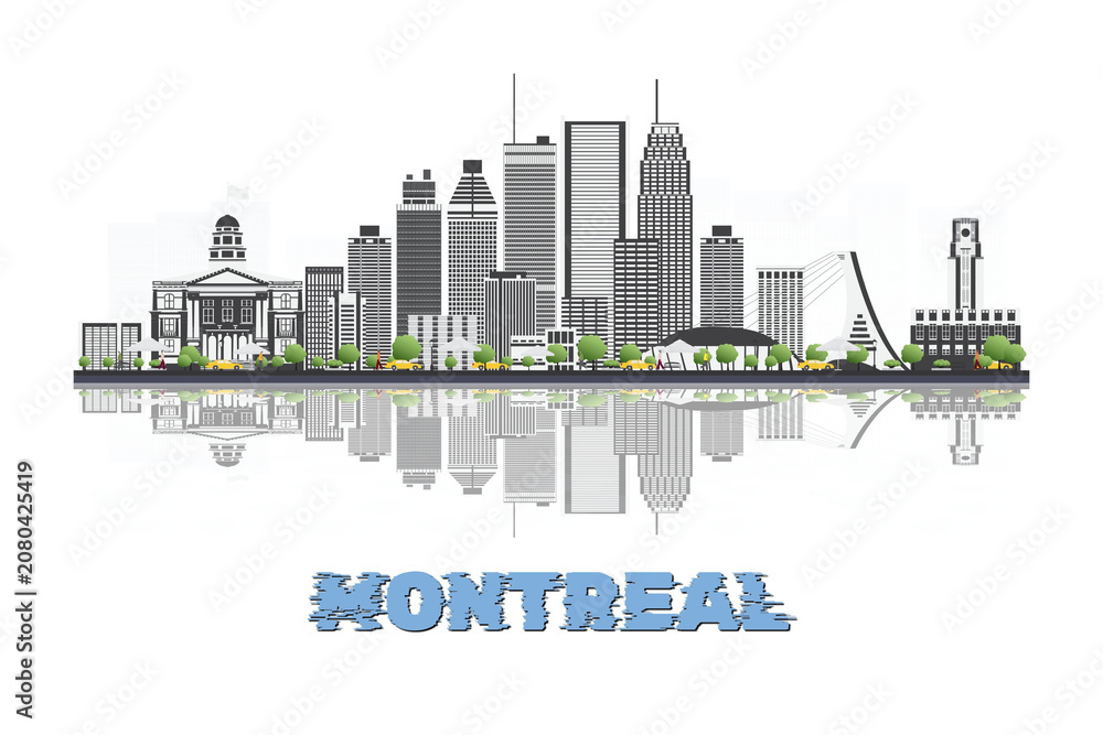 Obraz premium Montreal, Canada skyline illustration with historic architecture modern buildings and reflection on white background.