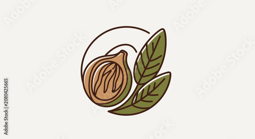 Natural Organic Freshness: A Colorful Artistic Depiction of a Nut and Leaves in Nature