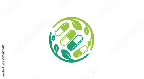 Natural Remedy Icon: Capsules Enclosed in a Circle of Leaves for Herbal Healthcare