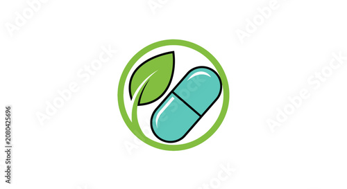 Natural Remedy Icon: A Capsule And Leaf Within a Green Circle for Health And Wellness