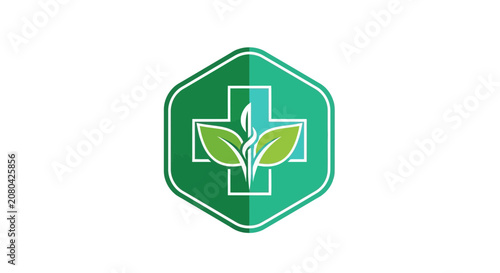 Natural Healthcare Symbol: Green Cross Logo with Leaves for Wellness and Botanical Medicine