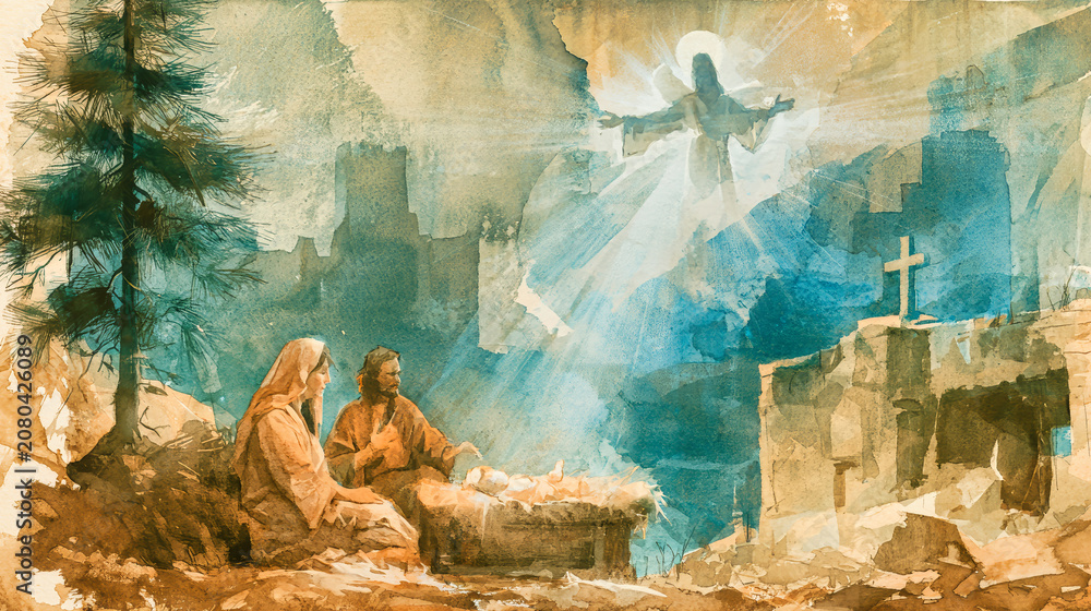Obraz premium Mary and Joseph sit next to a manger holding baby Jesus. The scene is set in a stable with a bright light shining down. Animals are present around them