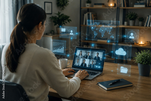 Woman attending virtual video conference with floating digital information icons