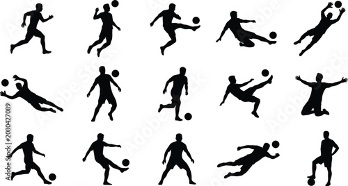 Fotografie Soccer Player Silhouette Set With Football Action Poses Collection Vector Illust
