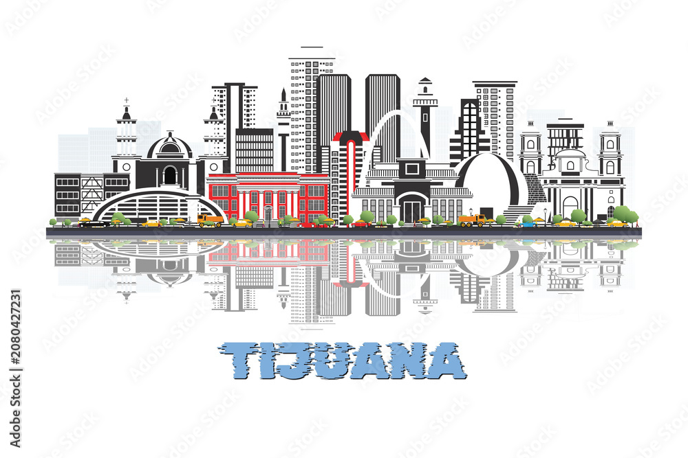 Fototapeta premium Tianjin, China skyline illustration with historic architecture modern buildings and reflection on white background.