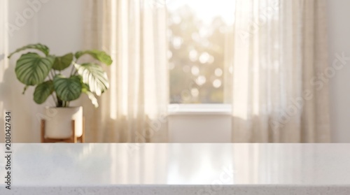 Empty white marble countertop for product mockup in bright minimalist living room with blurred window and green plant.