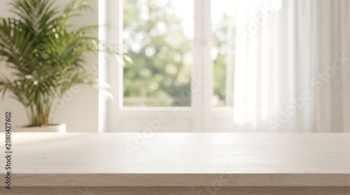 Empty wooden table top in bright sunlit room interior background for product display mockup and advertisement space.