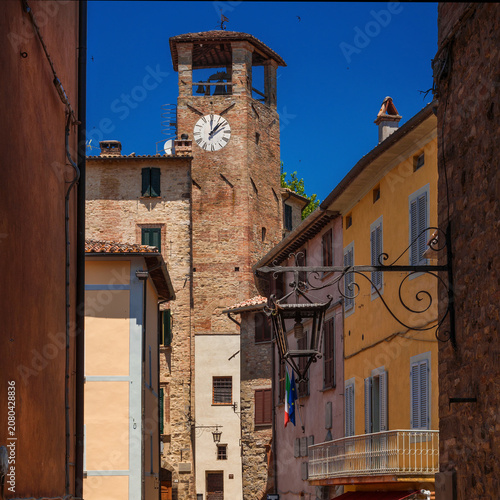 View of Montone historic center with medieval clock tower