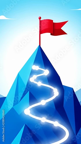 Peak success with glowing trail and flag
