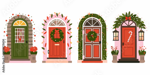 Festive Door Illustrations With Seasonal Decorations Vector Style