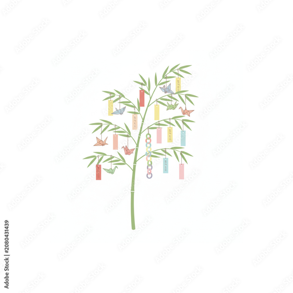 Naklejka premium Japanese Tanabata bamboo tree vector illustration with origami cranes and colorful tanzaku wish strips.