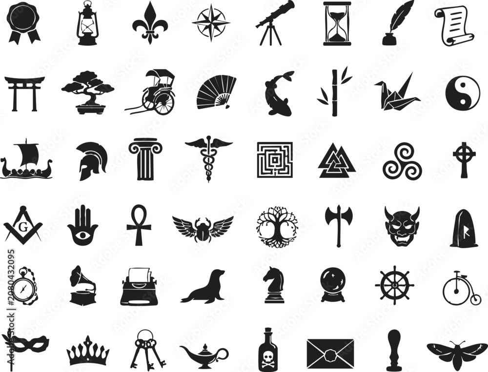 Obraz premium A unique collection of mystical and spiritual icons featuring mythology symbols, occult elements, zodiac signs, sacred objects, fantasy emblems, and ancient spiritual representations. Perfect for gami