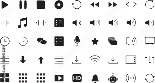 Modern Media Player Glyph Icons for Multimedia Entertainment Applications