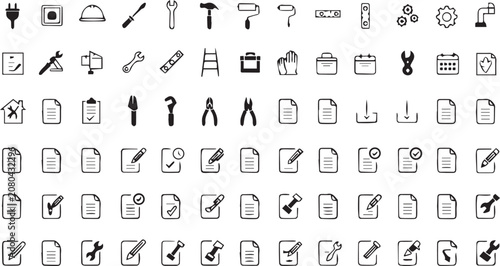 Modern Construction Engineering and Repair Outline Icons Vector Collection