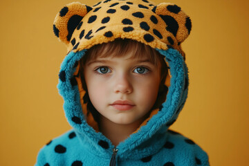 Cute little girl dressed in a fuzzy bear costume posing against solid yellow background for kids party or fashion, generative ai