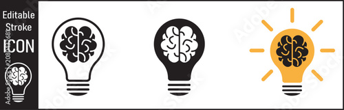 Creative Brain Light Bulb Icon Set Featuring Minimalist Vector Line Art Style